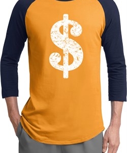 Mens Funny Shirt Distressed Dollar Sign Raglan Tee T-Shirt