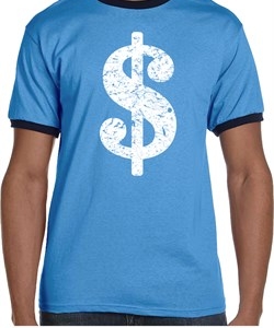 Mens Funny Shirt Distressed Dollar Sign Ringer Tee T-Shirt