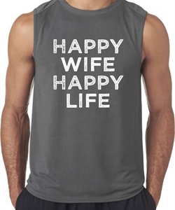 Mens Funny Shirt Happy Wife Happy Life Sleeveless Tee T-Shirt