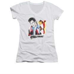 Elvis Presley Shirt Juniors V Neck Speedway White T-Shirt